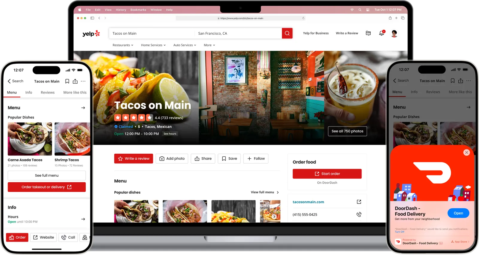 An image ofa screen from a Yelp page highlighting ordering from DoorDash