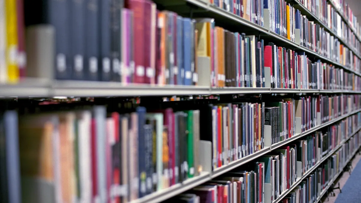 Rows of books sit on shelves.