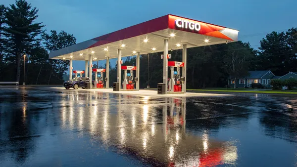 A photo of a Citgo fuel canopy at night.