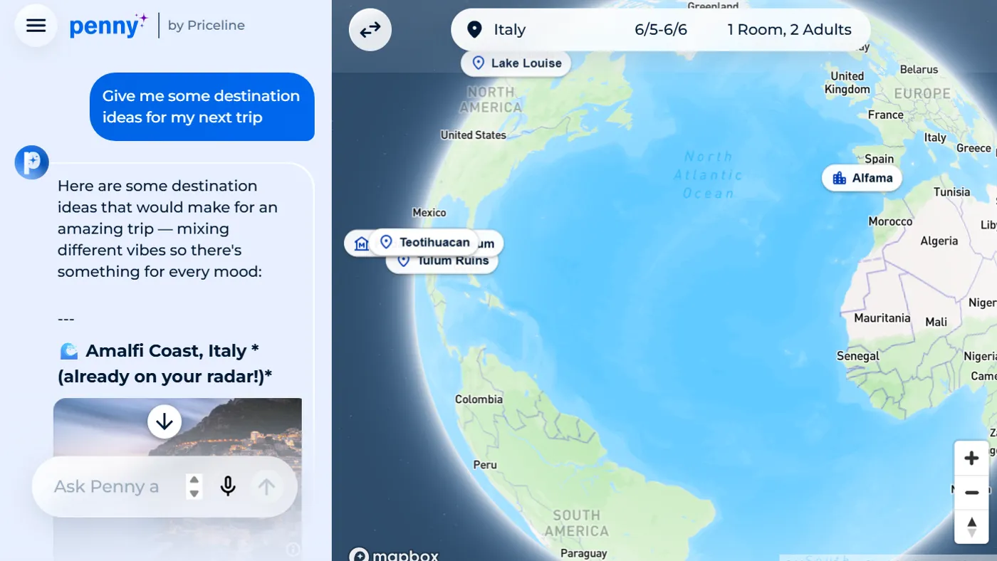 A screenshot of a conversation with Priceline's AI assistant Penny