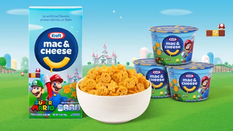 Nintendo x Kraft&#x27;s collaboration for Super Mario Mac &amp; Cheese in a bowl with boxes behind it