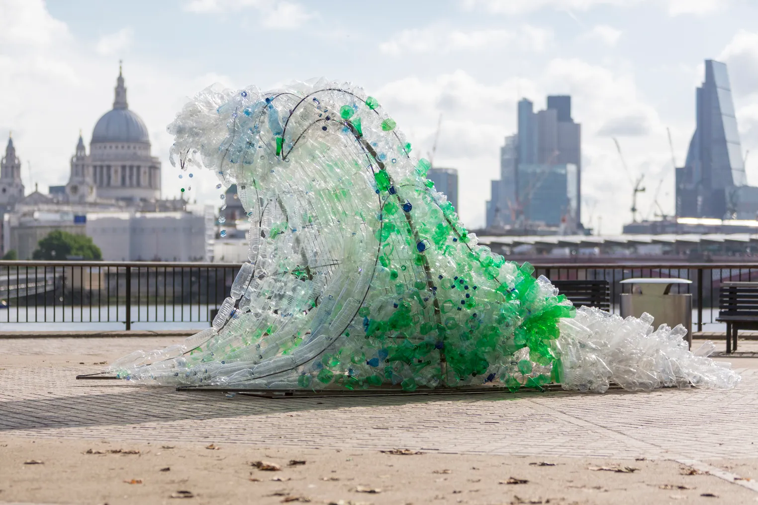 A wave sculpture created of plastic bottles