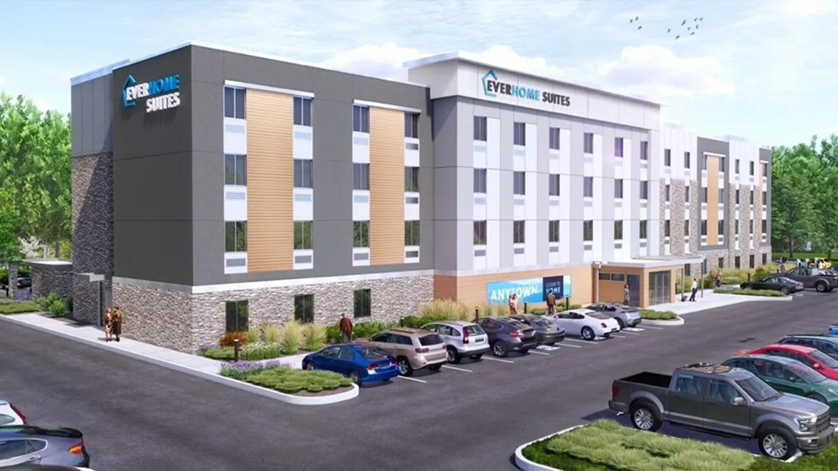 A rendering of a Choice Hotels Everhome Suites extended stay hotel.