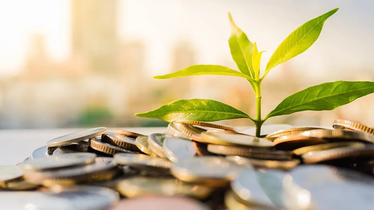 Financial Growth, Plant on pile coins with cityscape background