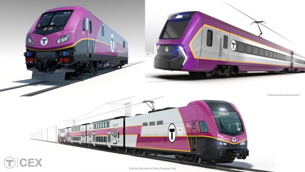 Three illustrations of electric trains.