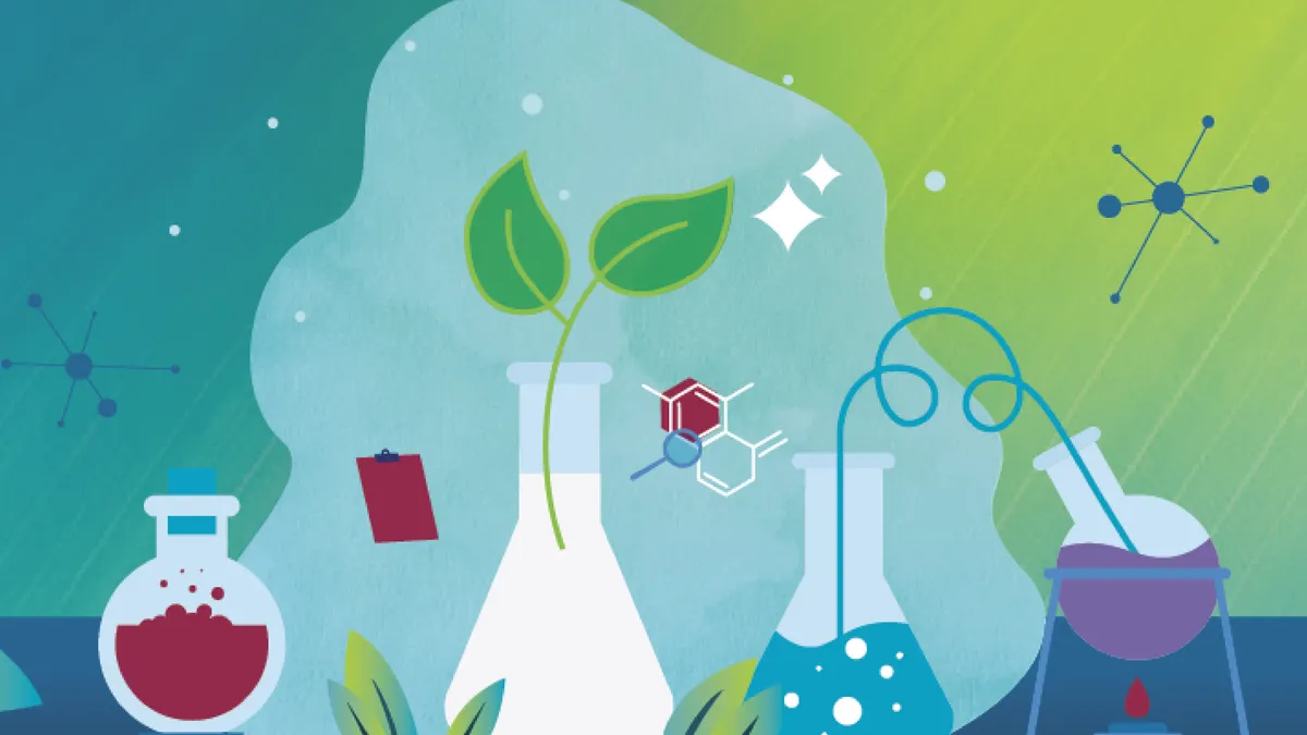 A digital image of chemicals in bottles and molecules