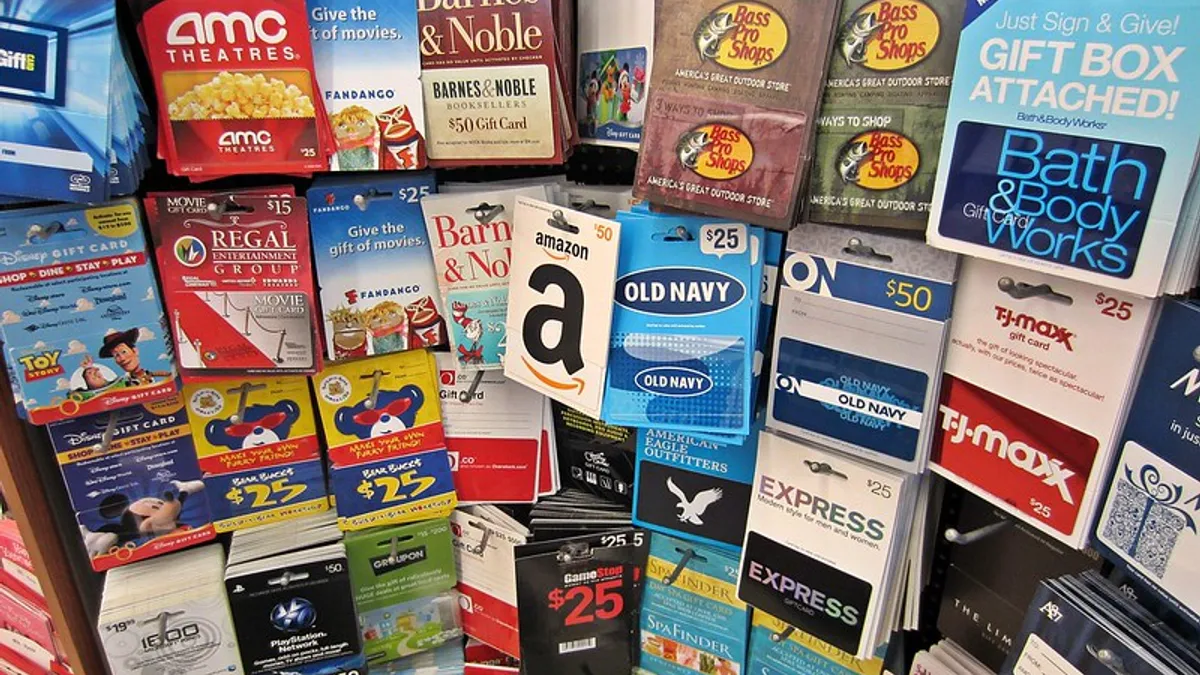 Different gift cards on sale at a store