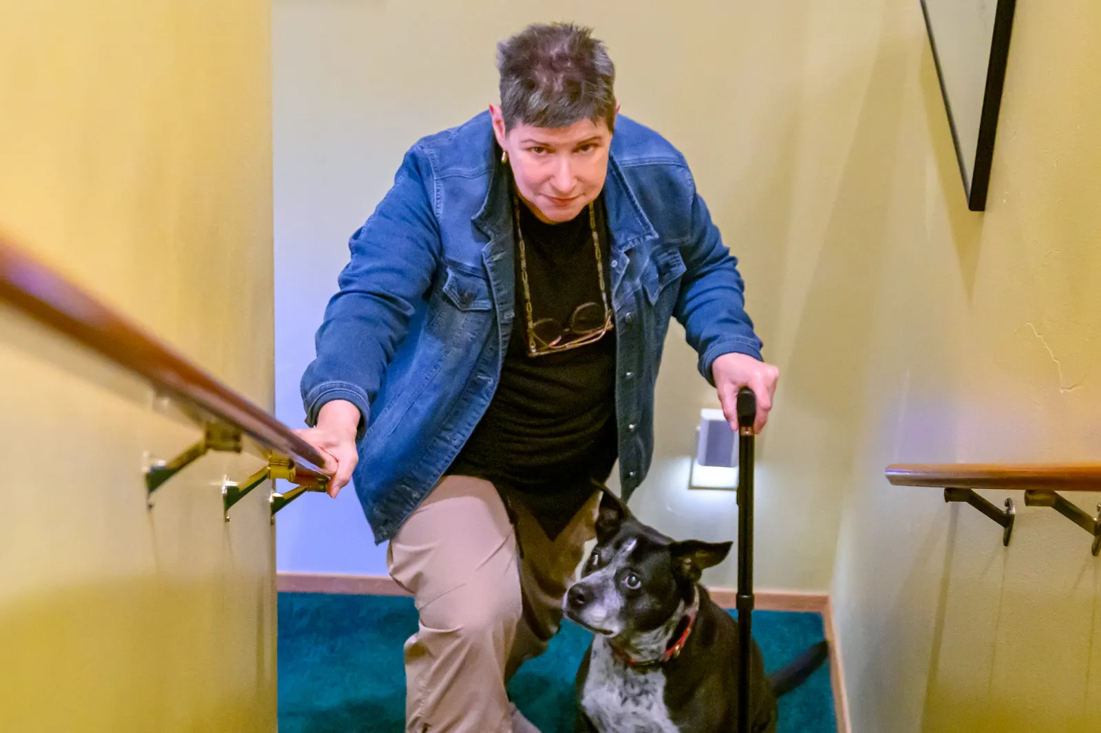 A person using a cane climbs stairs, and a black and white dog is to their right.