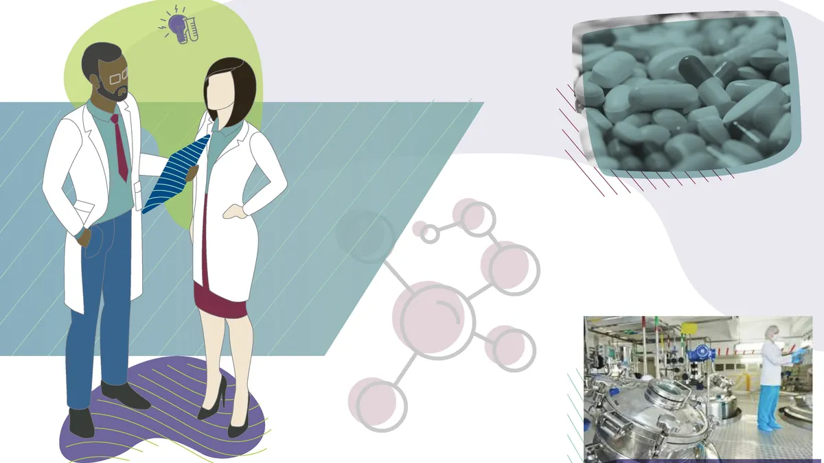Animated image of medical professionals talking and two small life images of a manufacture and pharmaceutical pills