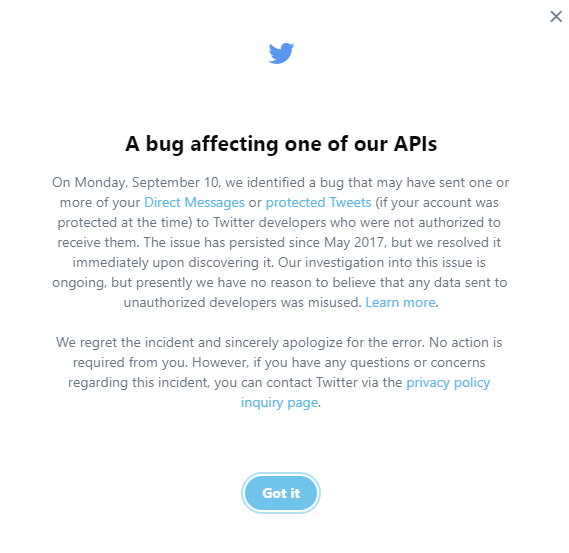 Twitter API bug notice