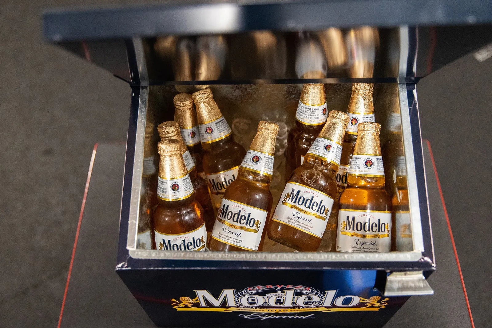 A photo of bottles of beer in a cooler. The bottles say Modelo.