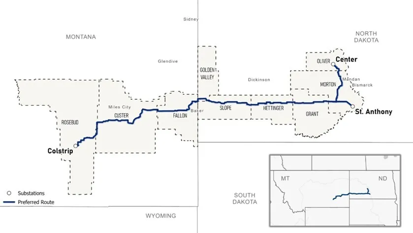 A map of the proposed Northern plains transmission project, running 415 miles with endpoints near Bismarck, North Dakota, and Colstrip, Montana.