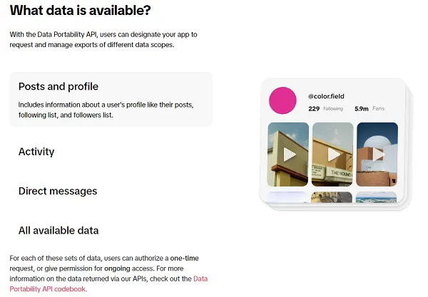 TikTok data portability API