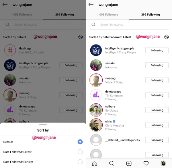 Instagram follower sorting example
