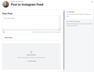 Instagram posting on Creator Studio