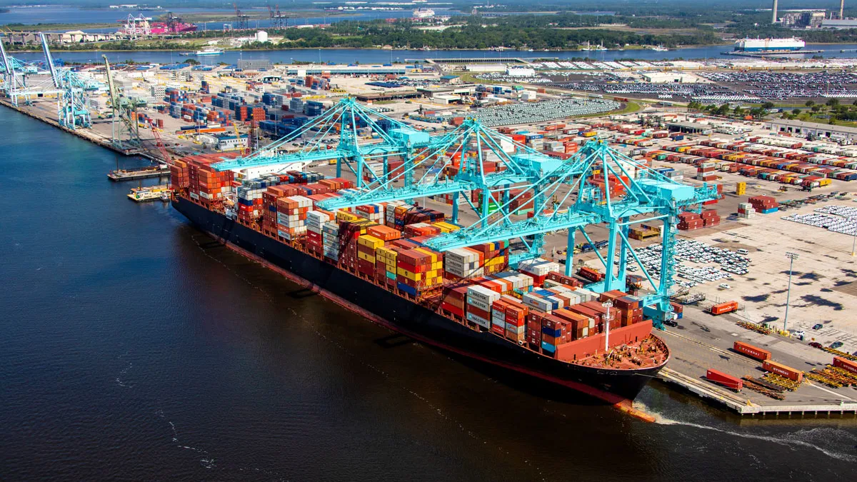 A container ships docks at a terminal in Jacksonville, Florida.