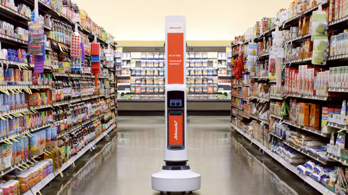 Simbe Robotics' Tally inventory robot operating in Schnucks supermarket