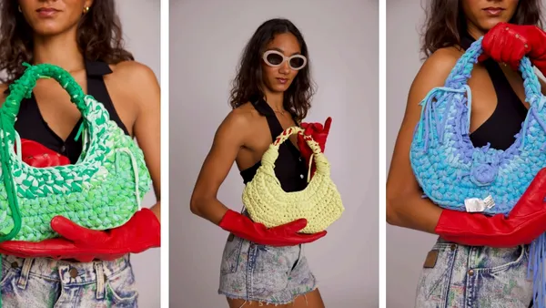 Three side by side images of a model holding a bag which is crocheted from T-shirt scraps