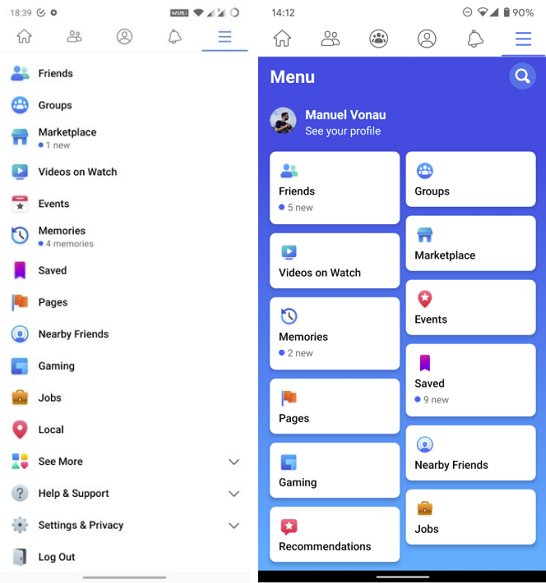 Facebook menu refresh