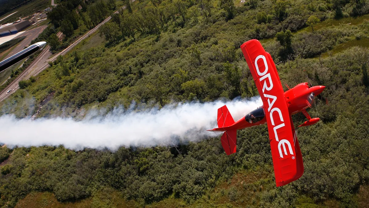 Pilot Sean Tucker flies his Oracle biplane in advance of the the Air and Water Show August 14, 2008 in Chicago, Illinois.