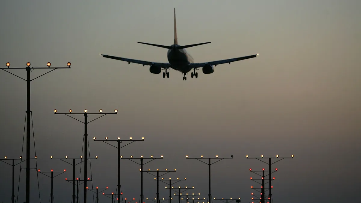 A jet comes in for landing at Los Angeles International Airport (LAX) in Los Angeles, California.