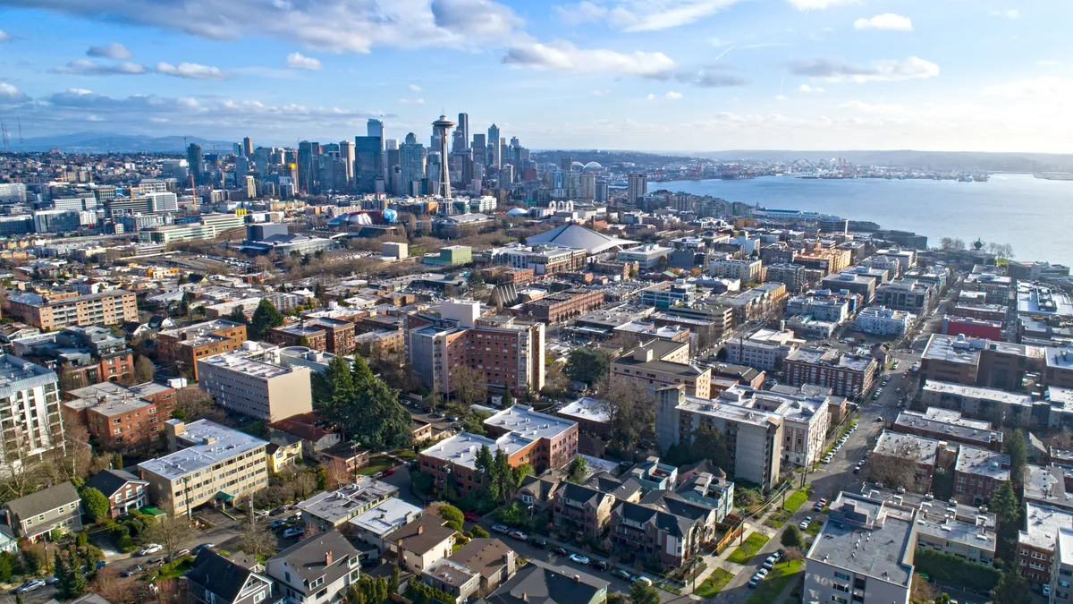 Seattle Washington aerial view from Queen Anne neighborhood toward Space Needle and downtown