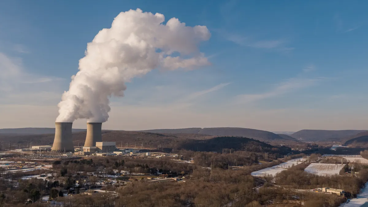 Nuclear power plant on a shore of Susquehanna River, Pennsylvania, on a winter sunny day.