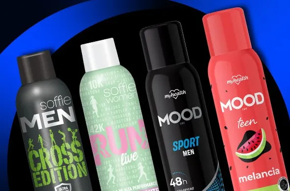 Four different colored metal aerosol cans next to each other with different branding for personal care products.