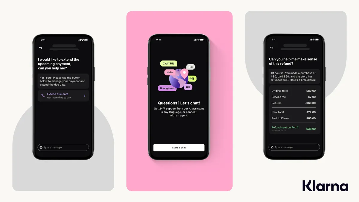 Three UX images of a phone, displaying what it looks like when you chat with Klarna's "AI assistant" in the Klarna app