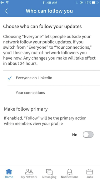 LinkedIn 'who can follow you' settings