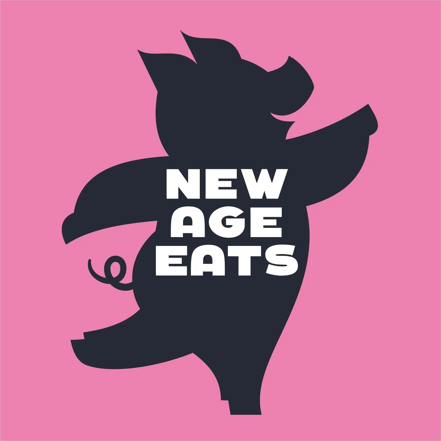 A silhouette of a pig standing on one hind leg, pointing a front leg to the right and smiling on a pink background. White capital letters saying "New Age Eats" are on the pig's body.