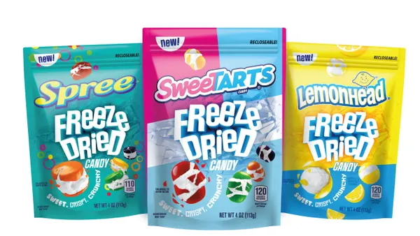Packages of Ferrara's freeze-dried version of Sweetarts, Lemonhead and Sprees.