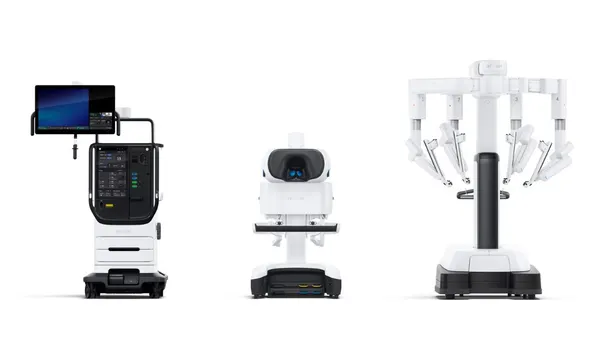 Intuitive Surgical's da Vinci 5 robotic surgery system is shown against a white background.
