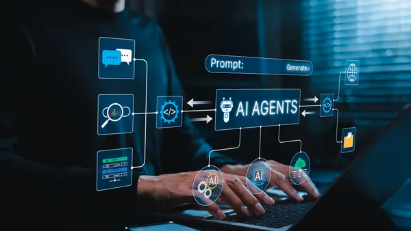 AI Agents and Prompt Automation Concept. Person using laptop with virtual prompt, workflow, coding, and AI icons. autonomous agent, task automation, smart integration, digital productivity, Chatbot,
