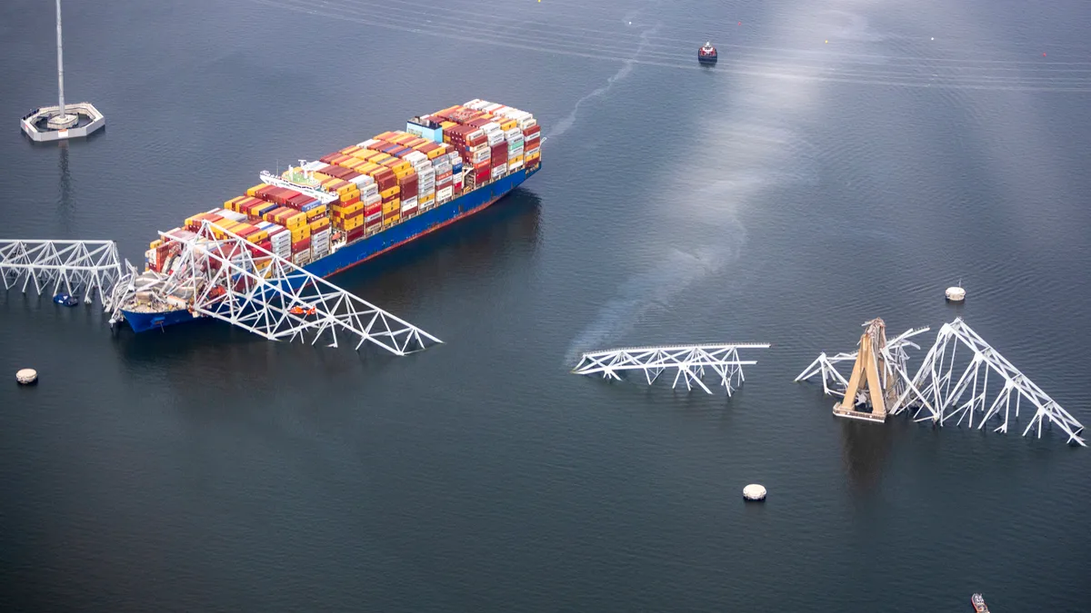 Cargo ship Dali is seen after running into and collapsing the Francis Scott Key Bridge on March 26, 2024 in Baltimore, Maryland.