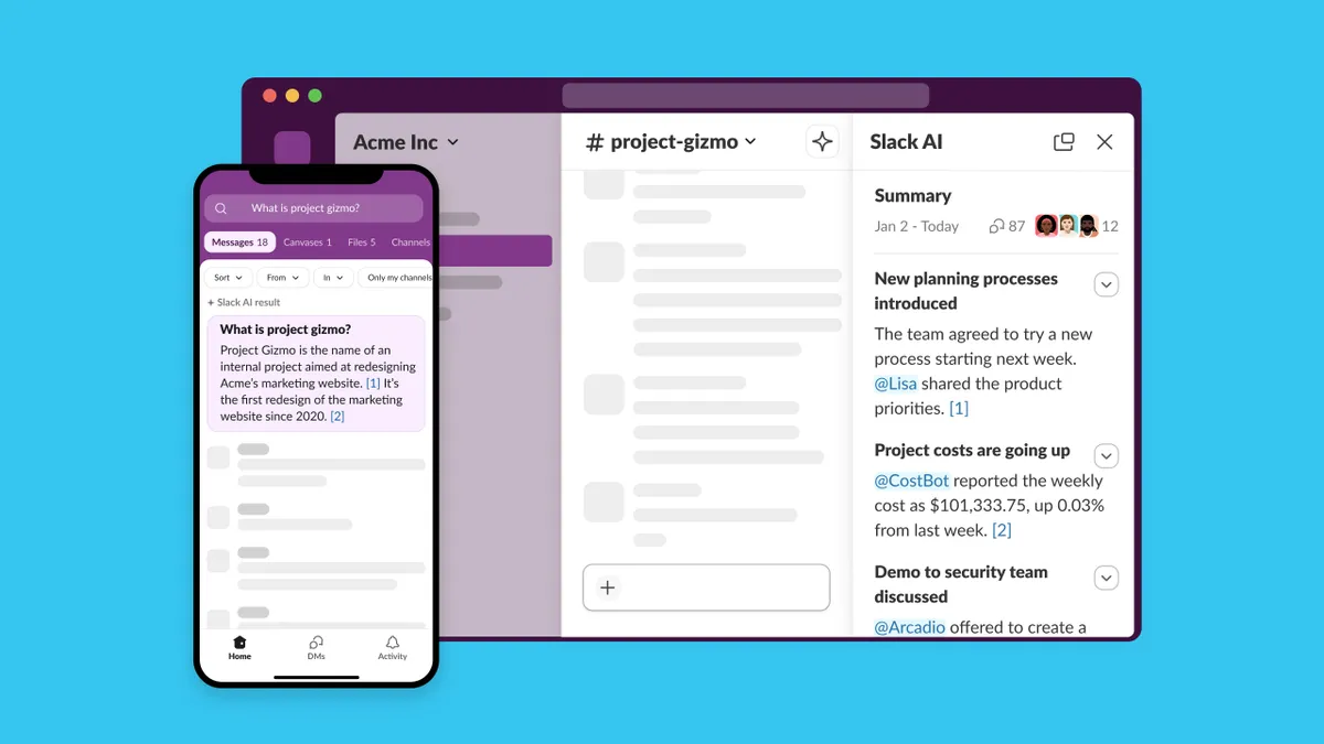 Slack AI defines an internal project title and provides a summary of key events during a defined period of time for a user.