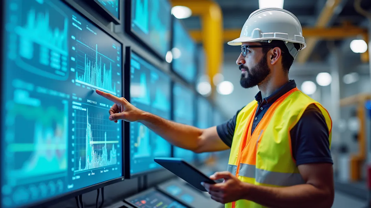 Expert data screen panel. Tech media real time chart. Modern factory 4.0 monitor check, indoor system control goal