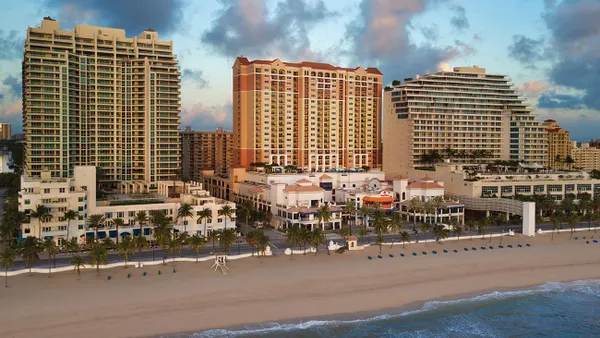 An aerial view of BeachPlace Towers in Fort Lauderdale, Florida, part of Marriott Vacation Club.