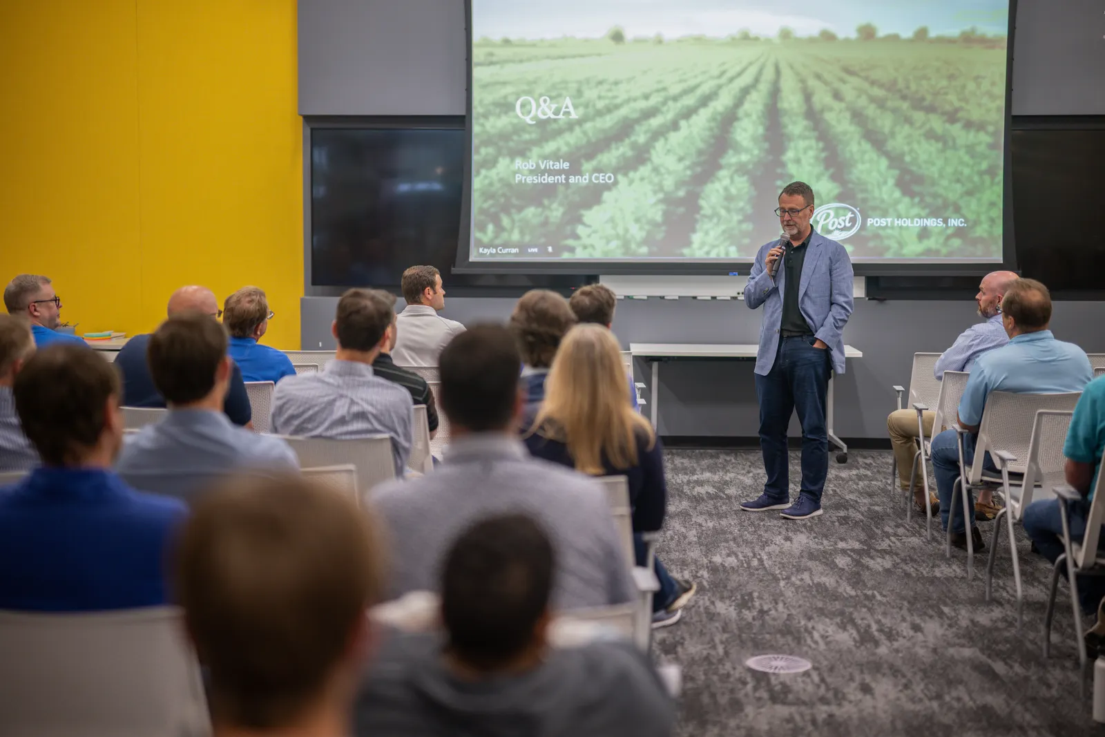 Rob Vitale address employees at Post Holdings' headquarters in St. Louis, Missouri.