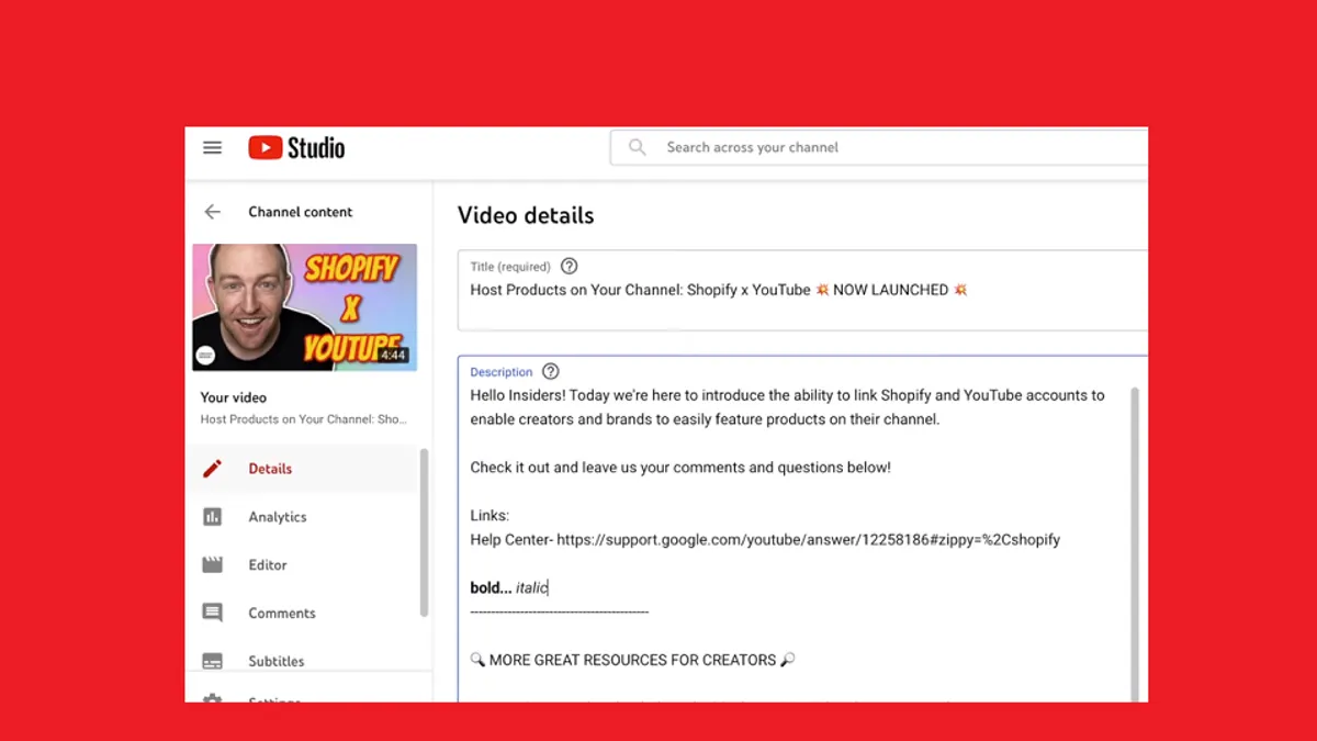 YouTube text markup