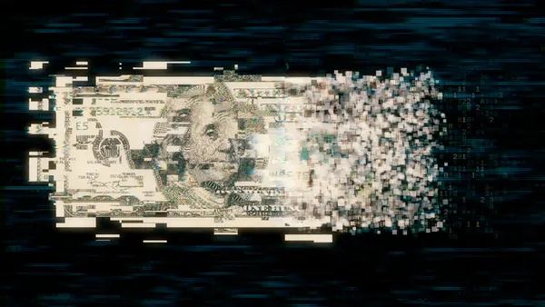 Pixelated U.S. paper currency on dark background
