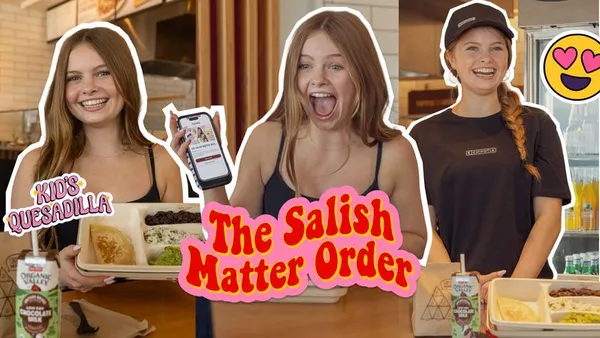A triptych collage of images show teen creator Salish Matter enjoying Chipotle