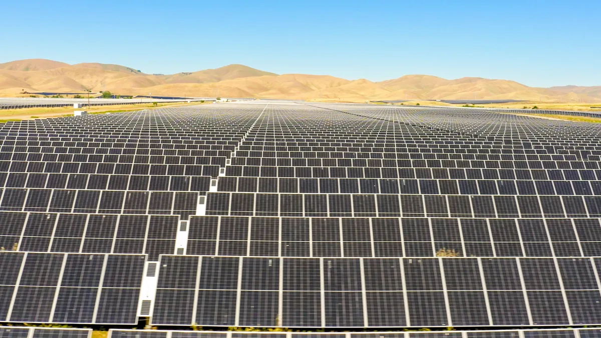 Rows of solar panels in a field.