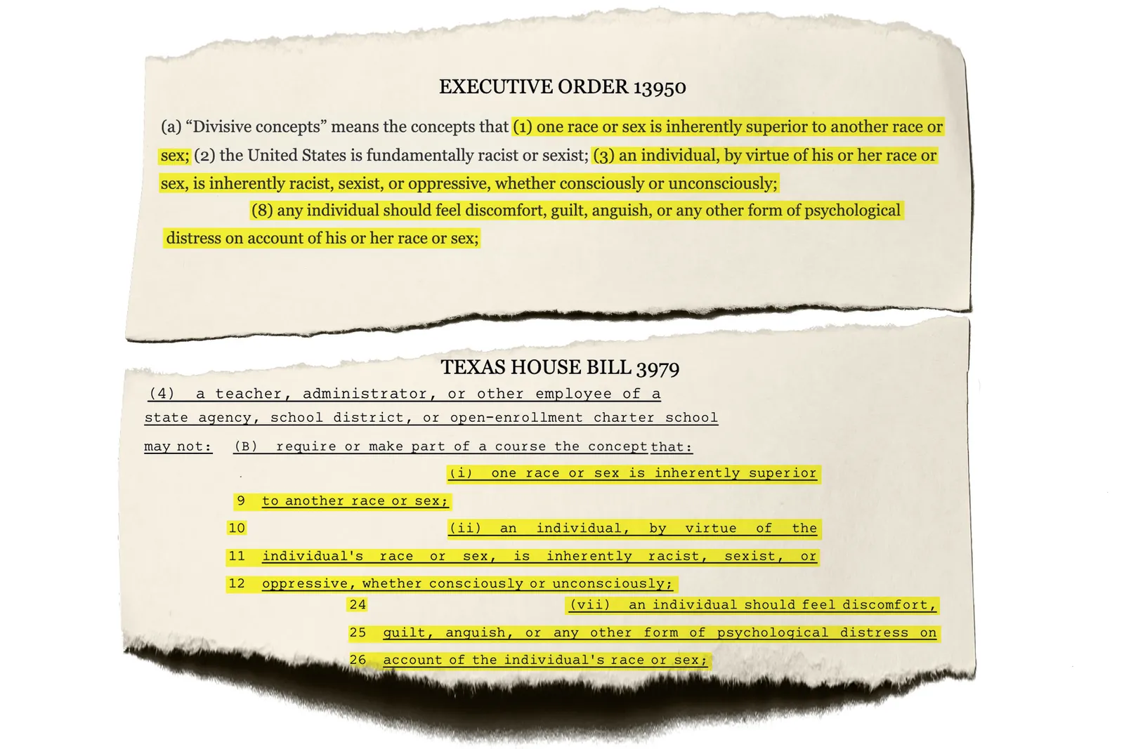 Two pieces of torn paper one reads "executive order 13950" and the other "texas house bill 3979."