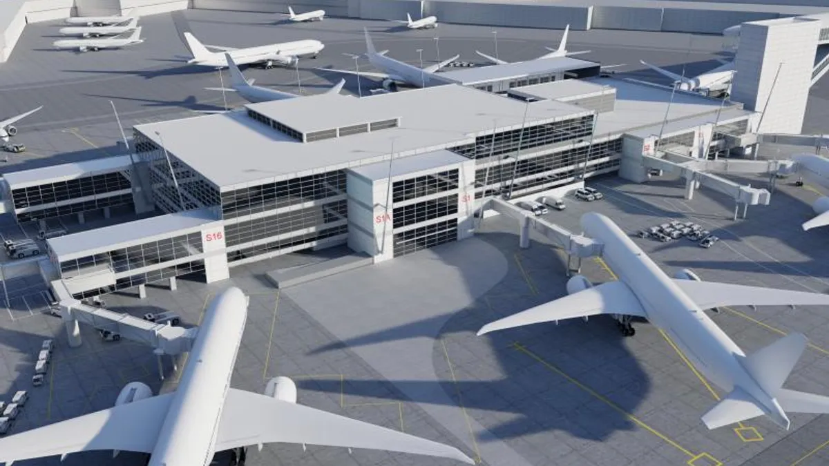 Rendering shows a large multi-story building with dark glass panes comprising much of the walls, surrounded by aircraft.