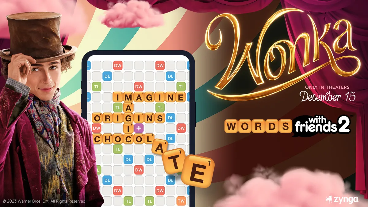 An image promoting Zynga's mobile gaming tie-up with Warner Bros. Pictures around the "Wonka" film.