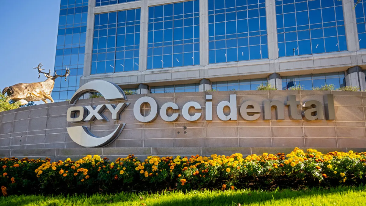 A close-up of the Occidental Petroleum logo outside its headquarters.