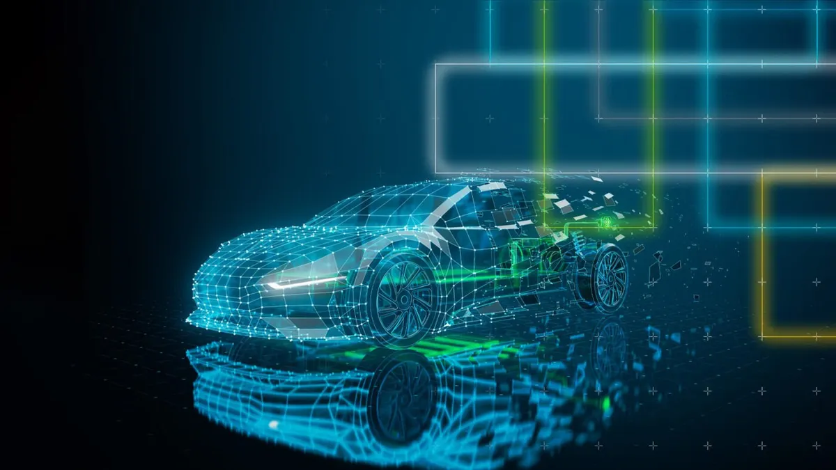 An rendering of a software-based vehicle with blue and green graphics depicting its modular components.