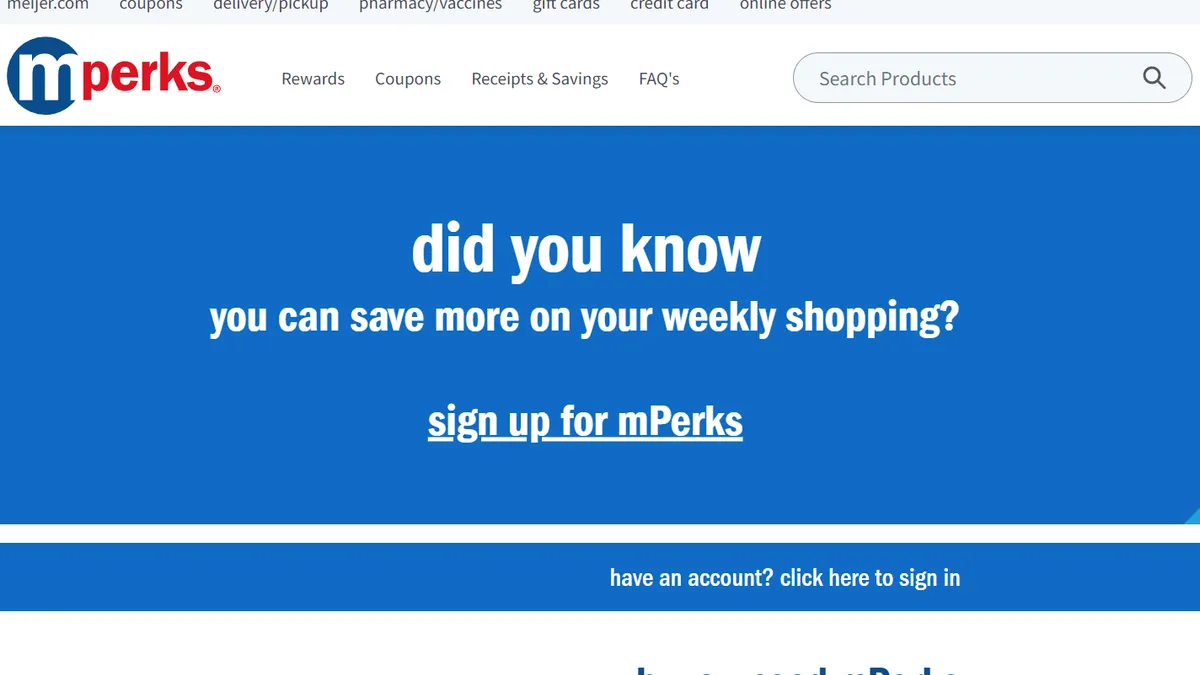 Screenshot of Meijer's website with information about its mPerks loyalty program.