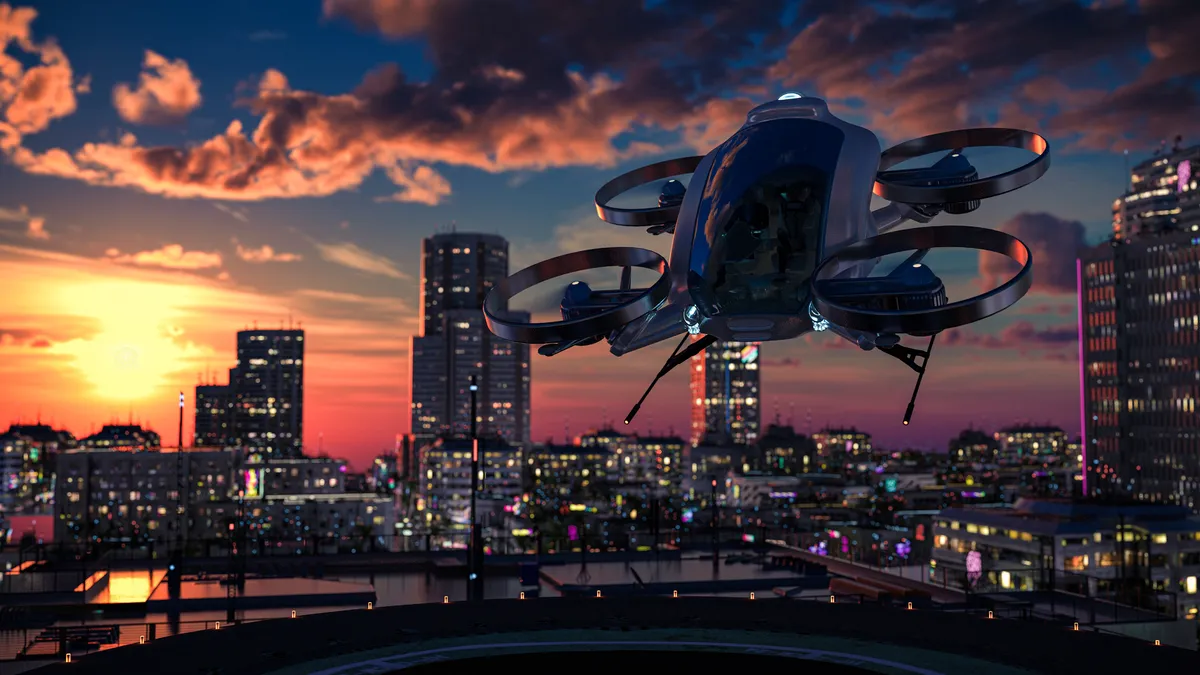 Sunrise view of futuristic eVTOL air taxi landing amid a city skyline.